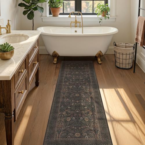 Washable 2x6 Kitchen Runner Rugs Non Slip - Dark Brown Hallway Runner Rug, Farmhouse Non Slip Floral Botanical Bathroom Mats, Southwestern Cabin Bedroom, Hall Way Low Pile Carpet - color: Brown, size: 2' x 6' (Runner)