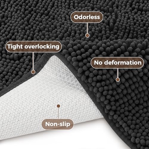Bcoimo U Shaped Bath Rug Mat Set,2 Piece Chenille Black Toilet Bathroom Rug | Extra Soft Bathroom mat set;Non Slip with Rubber Back Bath Mats;High Absorbent And Quick Dry Microfiber mat; Machine Washable - color: Black, size: U24×20 Plus 30×20