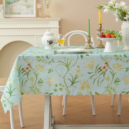 Rectangle Waterproof Tablecloth Linen Textured Table Cloth,Stain and Wrinkle Resistant Washable Fabric Table Cover for Dining, Party, Camping and Outdoor, 52 x 70 Inch, Green Leaves - color: Green Leaves, size: 52" x 70" (Rectangular)