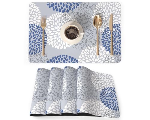 QIYI PU Leather Placemats Set of 4, 12"x18" Waterproof Table Mats, Dahlia | Faux Leather, Heat Resistant, Anti Slip, Wipeable Place Mats for Kitchen Dinning, Party Table Décor, Blue Floral Burst - color: Blue Floral Burst, size: Set of 4