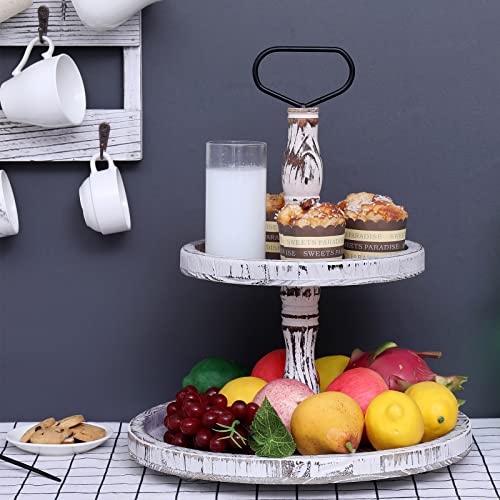 Two Tiered Tray Tier Trays Round Rustic Cupcake Stand,Serving Cakes Holder with Handles