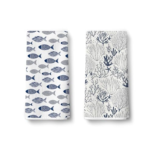 Navy Blue Shoal of Fish Coastal Hand Towels for Bathroom Decorative Set of 2 - Coral Ocean Seaside Summer Waffle Kitchen Hand Towels, Beach House Bathroom Decor, Beach Gifts for Women Men070 - color: Ccolor011