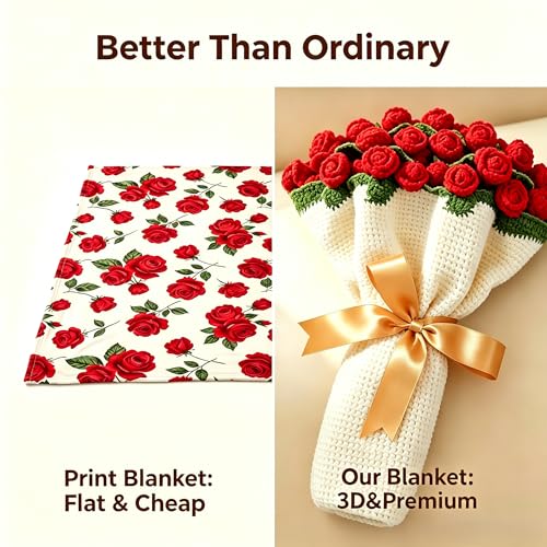 Crochet Rose Bouquet Blanket Shawl for Women, Handmade Chunky Knit Red Flower Throw Blankets Wrap with Gift Box, Creative Mother's Day Birthday for Her Mom Wife Girlfriend, 43"X43"