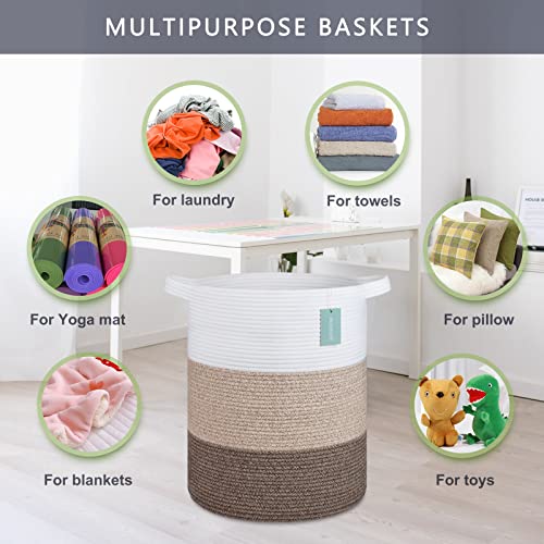 Cotton Rope Blanket Basket, 72L Laundry Hamper, White & Ombre Brown | 16"x 22", Large Collapsible Woven Nursery Hamper with Sturdy Handles for Clothes Toys Towels, Bedroom Living Room Bathroom - color: White & Gradient Brown, size: 72L (16"x22")