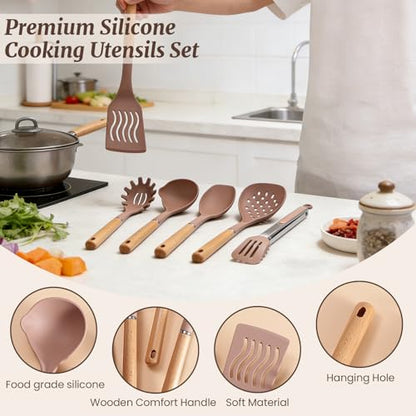Chef Kitchen Cooking Utensils Set, Heat Resistant Silicone Kitchen Utensils Sets with Storage Rack, 7PCS Gadgets Tools Set with Wooden Handle for Nonstick Cookware,Tongs, Turner, Skimmer (Khaki) - color: Khaki