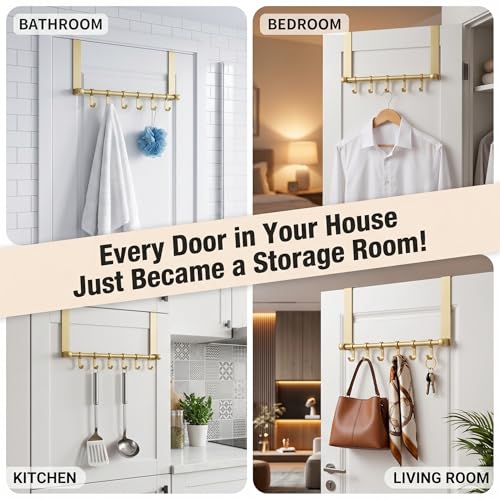 Over the Door Hooks, Gold 6 Hooks Adjustable Aluminum Door Hanger | Sliding Hooks Heavy Duty Door Hanger Organizer for Towel Coat Robe Hat Bag, No Drilling Over Door Rack for Bathroom Bedroom
