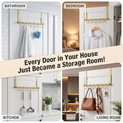 Over the Door Hooks, Gold 6 Hooks Adjustable Aluminum Door Hanger | Sliding Hooks Heavy Duty Door Hanger Organizer for Towel Coat Robe Hat Bag, No Drilling Over Door Rack for Bathroom Bedroom