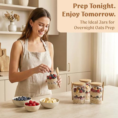 Overnight Oats Containers with Lids - Glass Mason Jars, Meal Prep | Bamboo Wood, Airtight Silicone Seal Set of 4 - Includes Spoons, 40 Labels for Chia Pudding, Yogurt, Cereal, Oatmeal - color: 4 pack - Bamboo Lid