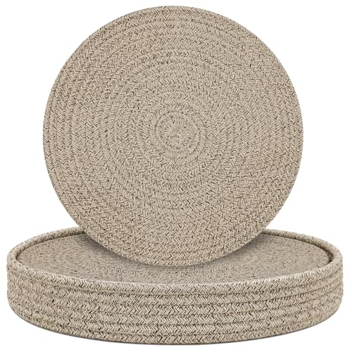 Round Placemats Set of 6 with Holder, Cotton Rope Woven Place Mats, Hot Pads for Kitchen, Heat Resistant Table Mats, 13 Inch Farmhouse Washable Braided Placemat for Kitchen Decor (Brown) - color: Brown
