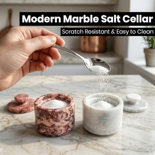 Marble Salt Cellar with Lid - Stone Salt Container for Countertop, Salt Box Keeper for Kitchen Counter, 3.5 oz OceanicX Marble Cellar (White Strawberry Pink) - color: White Strawberry Pink