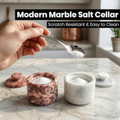 Marble Salt Cellar with Lid - Stone Salt Container for Countertop, Salt Box Keeper for Kitchen Counter, 3.5 oz OceanicX Marble Cellar (White Strawberry Pink) - color: White Strawberry Pink