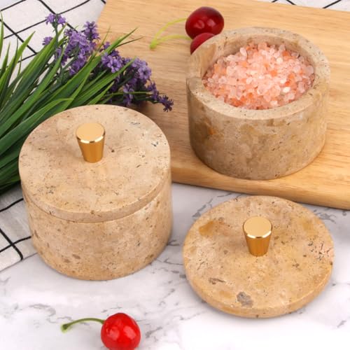 Marble Salt Cellar with Lid, Mud Yellow, 4 inch | Natural Stone, Salt Pepper Box, Gold Alloy Handle, Kitchen Countertop Storage, Multi-Use, Sugar Spice Seasoning Container - color: Mud yellow