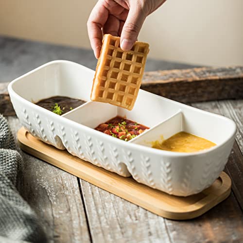 Miamolo Chip and Dip Set Bowl with Divided Serving Tray, Hosting Essentials | Acacia Wood Tray, Ceramic Serving Bowls | Condiment Tray for Dipping Sauces, Party | Kitchen Counter Decor, Microwave Safe - size: Large-11 inches