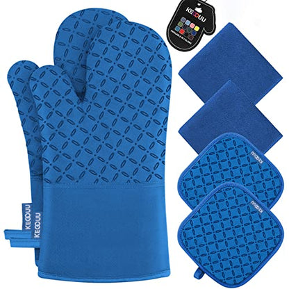 KEGOUU Oven Mitts and Pot Holders 6pcs Set, Kitchen Oven Glove High Heat Resistant 500 Degree Extra Long Oven Mitts and Potholder with Non-Slip Silicone Surface for Cooking (Royal Blue) - color: Royal Blue