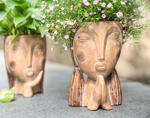 Saysmile Face Planter Pots with Drainage Hole, Resin Head Planters for Indoor Plants Flower Plant Pots Succulent Pot, Cute Girl Face Planter Gifts for Lover-Praying - color: Praying - Rustic
