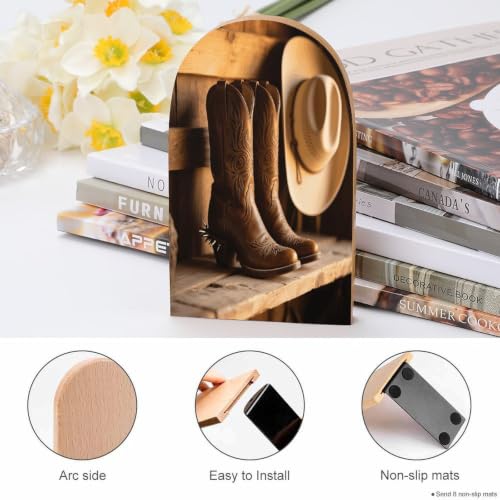 Western Boots Bookend 1 Pair Heavy Duty Book Ends for Shelve | 3.9 X 2 X 5 Inch, Metal Decorative Book Stopper Organizer, Non-skid Wooden Bookend Support for Home, Office, Desk