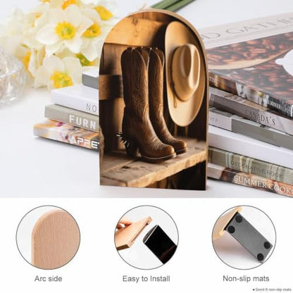 Western Boots Bookend 1 Pair Heavy Duty Book Ends for Shelve | 3.9 X 2 X 5 Inch, Metal Decorative Book Stopper Organizer, Non-skid Wooden Bookend Support for Home, Office, Desk