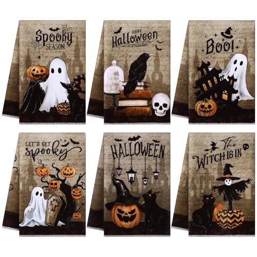 Ganeen 6 Pcs Halloween Kitchen Towels Dwarfs Cobwebs Witches Castles Dish Towels Fiber Fingertip Hand Towel Decorative Tea washtowels 14.2 x 21.3 Inch for Decorative Bathroom Holiday (Goth) - color: Goth