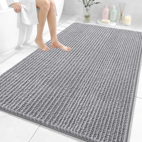 OLANLY Large Bathroom Rugs 59x35, Thick Soft Absorbent Chenille Bath Rugs | Grey, Quick-Drying Rubber Backing, Shaggy Bath Mat, Machine Washable for Floor, Tub and Shower, Home Decor Accessories - color: Grey, size: 59" x 35"