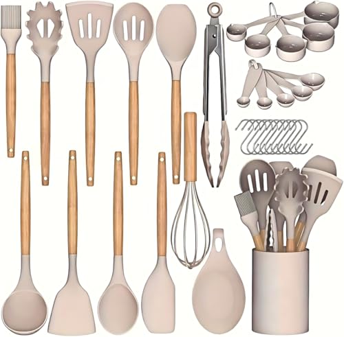 Silicone Cooking Utensils Set, 33PCS Kitchen Gadgets Tools with wooden Handle, Spoons, Spatulas, Whisk, Dishwasher Safe (Cream White, Set of 33)