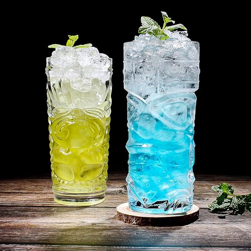 Tiki Glasses Set of 6 - 14 Oz Highball Glasses for Cocktails - Modern Clear Tropical Cups Tumbler Set - Mixed Drinking Glass for Hawaiian Bar Island Party Beverages Iced Tea