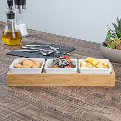 Restaurantware-6 Ounce Bowl Set with Tray - 1 Dishwashable Serving Set, Includes 3 Porcelain Bowls And 1 Bamboo Tray, Durable, White Porcelain And Bamboo Bowl And Platter Kit, Reusable, Freezable - size: Triple set, style: Modern