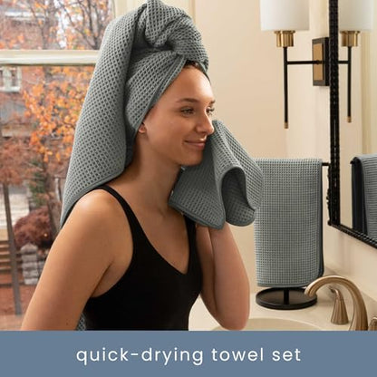 S&T INC. Aura Waffle Bath Towel Set, 6 Pieces, Grey | 2 Bath Towels, 2 Hand Towels, 2 Wash Cloths, Absorbent Microfiber, Quick-Dry and Lightweight, 420GSM - color: Grey
