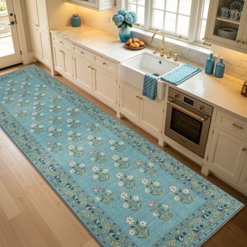 Wide Kitchen Runner Rug, Blue, 30" x 95" | Long Kitchen Mat for Floor, Retro Vintage Floral Runner, For Sink Kitchen Laundry Hallway Decor - color: Blue, size: 30" x 95"