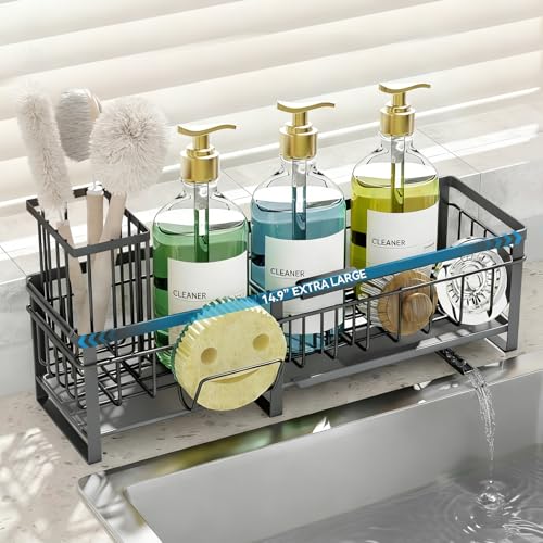 Extra Large Extendable Sponge Holder for Kitchen Sink Caddy Organizer | Rustproof Sink Caddy Organizer with High Brush Holder, Dish Soap Dispenser Organizers and Storage (Black) - color: Gray