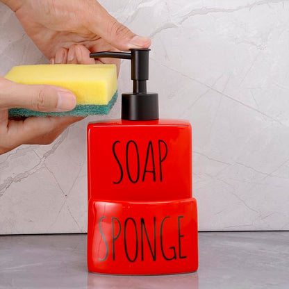 Ceramic soap Dispenser with Sponge Holder for Kitchen Sink Bathroom Counter top Storage and Organization (Red) - color: Red