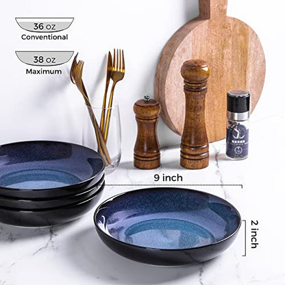 LERATIO 9.0" Ceramic Pasta Bowls Set of 4,38oz Large Stoneware Bowls Set | Reactive Glaze Serving Bowls Set,Wide Bowl for Pasta,Salad,Fruit & Noodles,Housewarming & Wedding Gift-Blue - color: Blue, size: Set of 4