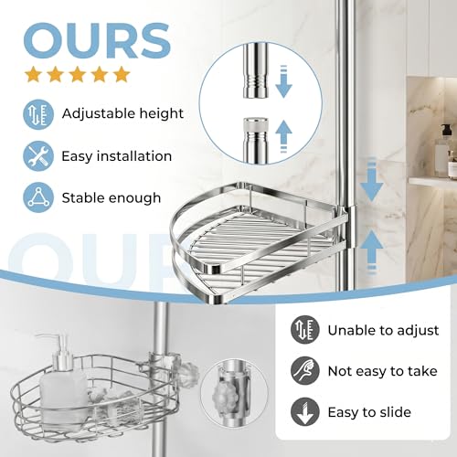 Corner Shower Caddy Tension Pole, 4-Tier SS Bathroom Storage Rack | shower pole caddy corner, 4-Tier Stainless Steel Bathroom Storage Rack, No-Drill Adjustable Shower Shelves for RV doom studio