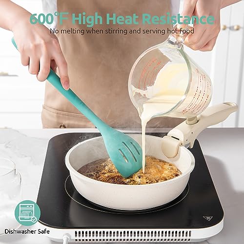 U-Taste 600ºF Silicone Spoon Set 13.3in Solid Slotted 2PCS & Spatula Set Heat Resistant & 600ºF Tongs Set 9 12inch Nonstick Stainless Handle(Aqua Sky)