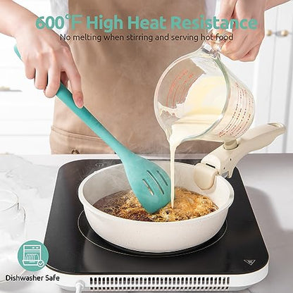 U-Taste 600ºF Silicone Spoon Set 13.3in Solid Slotted 2PCS & Spatula Set Heat Resistant & 600ºF Tongs Set 9 12inch Nonstick Stainless Handle(Aqua Sky)