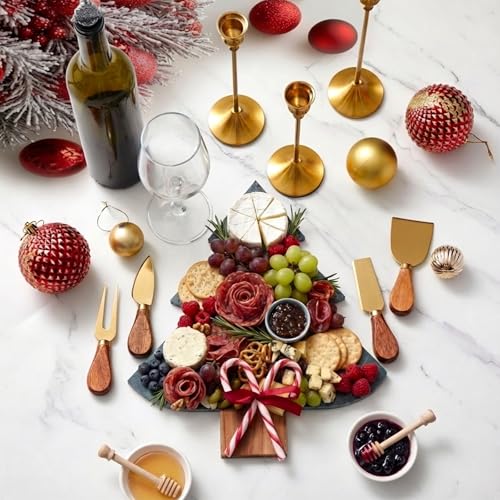 10 Pcs Christmas Tree Charcuterie Board Gift Set Kitchen Utensils Gifts | Include Marble Wood Cutting Serving Tray, Cheese Knives Fork, Honey Stick, Wine Stopper and Dish, Xmas Holiday Party Favor