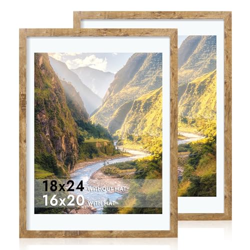 iRahmen 18x24 Picture Frame Set of 2, Rustic Brown Wood Poster Frame with Plexiglass, Display 16x20 Picture with Mat or 18 x 24 Without Mat for Photo Wall Gallery Mounting - color: Rustic Brown, size: 18X24
