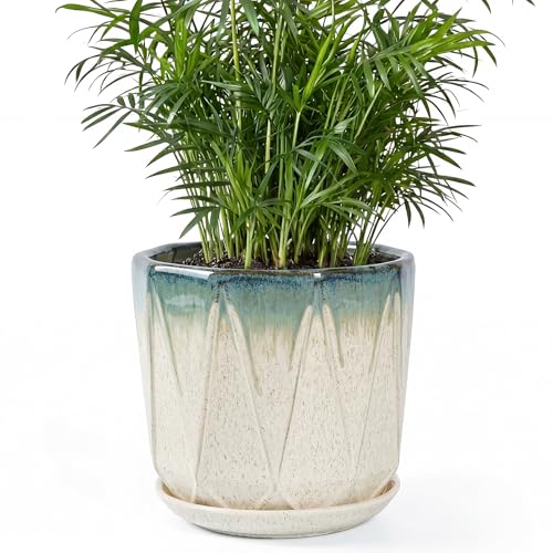 7.8 Inch Ceramic Plant Pot with Drainage Hole Mesh Net, Large Flower Pots for Indoor Plants with Saucer, Gardening Pots Outdoor (Blue Mouth Linen) - color: Blue Mouth Linen, size: 7.8 Inch