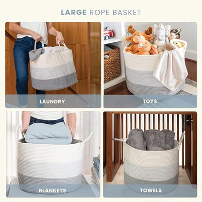 OrganiHaus Round Toy Basket & Blanket Basket, Cotton Rope 20x13" | 3-Toned Gray - Round Cotton Rope Basket, 20x13" - color: 3-toned Gray, size: Wide