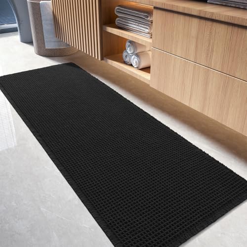 tchdio Waffle Bath Mat-Runner Rug, Super Absorbent Non Slip Bath Mats for Bathroom Machine Washable Long Rugs with Tassels, Bath Rugs for Bathroom Floor Beside Tub, 2' x 6'(24" x 72"), Black - color: Black, size: 24" x 72"