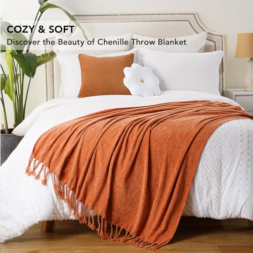 BATTILO HOME Burnt Orange Chenille Throw Blanket for Couch, Soft Cozy Knitted Fall Throw with Tassels, Lightweight Throw Blanket for Fall Decor Bed Sofa Living Room, 50"x60" | Soft Chenille Fall Blanket with Fringe Tassels, Lightweight Fall Decor and Fall