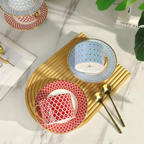 Coffee Cup and Saucer Set – Elegant Royal Blue Star Bone China Gold-Trimmed Tea Cup, Luxurious Metallic Accent Ceramic Cup (Red,2 Cups + 2 Saucers,Art Deco) - color: Red