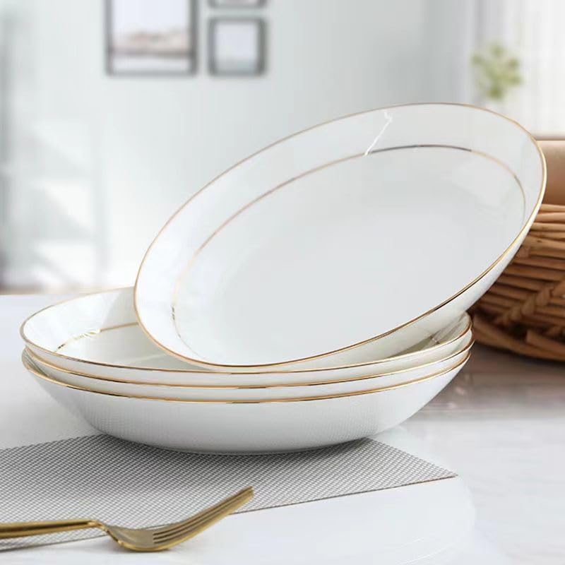 White Ceramic Pasta Bowls Set of 6 Porcelain Dishes Dinner Plates Shallow Soup Bowl 8 Inch Kitchen Dinnerware
