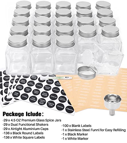 MIUKAA Unique Design Spice Jars with 372 Labels, 29-Pack 4.5 oz Personalized Cubic Clear Glass Spice Jars with Shakers, Lids, Empty Square Reusable Kitchen Storage Containers
