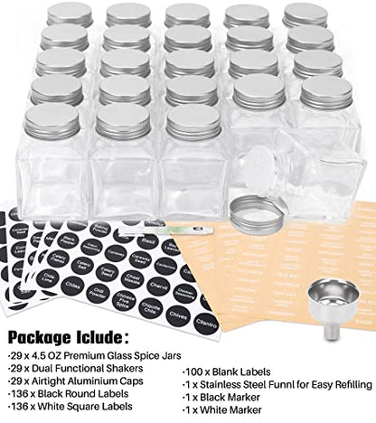 MIUKAA Unique Design Spice Jars with 372 Labels, 29-Pack 4.5 oz Personalized Cubic Clear Glass Spice Jars with Shakers, Lids, Empty Square Reusable Kitchen Storage Containers