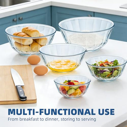 Luvan 5-Piece Glass Mixing Bowls Set with Lids - Clear Salad Bowls with Lids Set, Diamond Pattern Large Glass Mixing Bowl for Baking Prep, Serving & Storage - color: Clear Gray