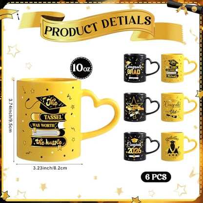 Pickmesh Graduation Coffee Mug Set of 6, 10 oz Ceramic Enamel Cups with Heart Handle, Black Gold Congrats Designs Class of 2026 Drinkware for Grad Gifts & Graduation Party Supplies - color: Black/Gold, style: Graduation