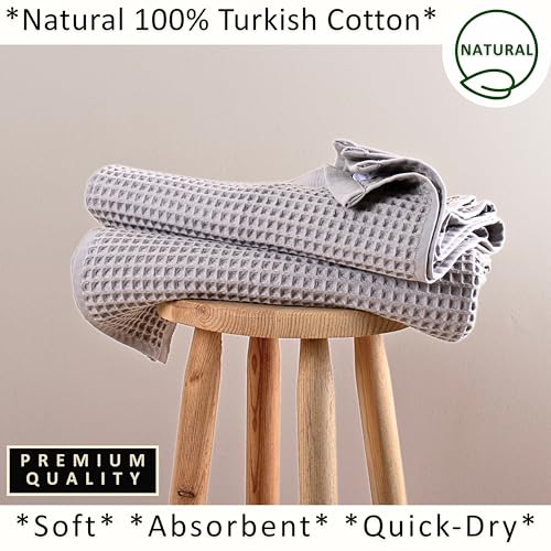 PÜSKÜL 2-Piece Natural 100% Turkish Cotton Waffle Bath Towels Extra-Large | Light Gray, 32x63" Bath Sheet Towel, Soft Absorbent Quick-Dry Lint-Free Premium 3D Honeycomb Weave Oeko-Tex Made in Turkiye - color: Gray