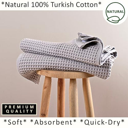 PÜSKÜL 2-Piece Natural 100% Turkish Cotton Waffle Bath Towels Extra-Large | Light Gray, 32x63" Bath Sheet Towel, Soft Absorbent Quick-Dry Lint-Free Premium 3D Honeycomb Weave Oeko-Tex Made in Turkiye - color: Gray