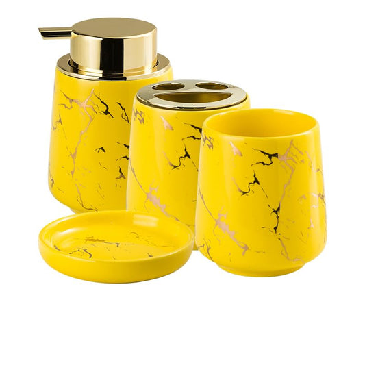 YYW Ceramic Bathroom Accessory Set, Marble Soap Dispenser Washing Set- Hand Lotion Dispenser Pump, Toothbrush Holder,Tumblers, Soap Dish-Refillable Liquid Dispenser (Yellow Four Piece)