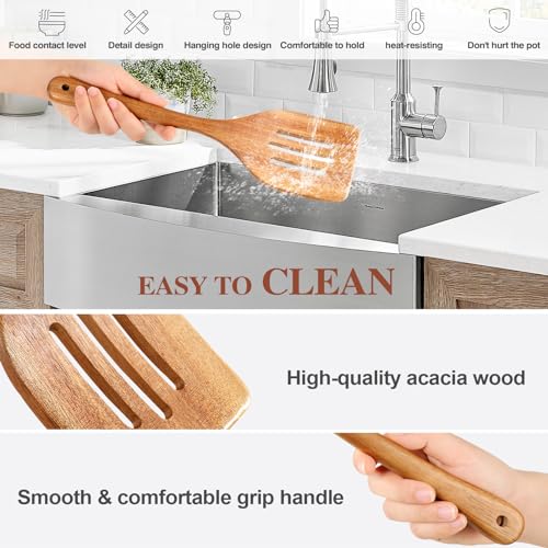 Wooden Cooking Utensils, 6 Pieces Natural Acacia Wooden Spoons For Cooking with Non Stick & Heat Resistant Design, Wooden Kitchen Utensil Set with Hanging Hole for Stirring, Mixing, Cooking - color: Natural